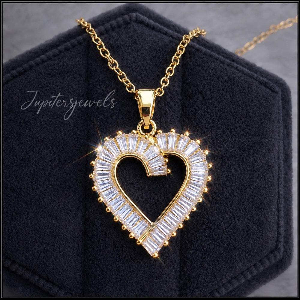 New 14k Gold Steel Heart Pendant Necklace with Clear Baguette Stones 18"